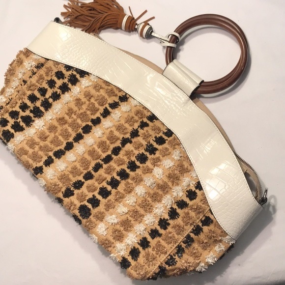 Sam Edelman Darcy Bag. Large carpet purse with bamboo handles & leather tassel - Picture 4 of 8